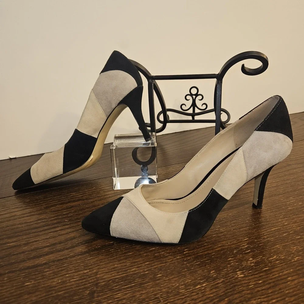 BCBGeneration Womens 8M Suede Patchwork Pumps Black Gray Cream Pointed Toe— Chic